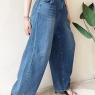 S-XL 腰釦設計友善尺寸 刷色 牛仔丹寧 彎刀褲 寬褲 牛仔褲 長褲