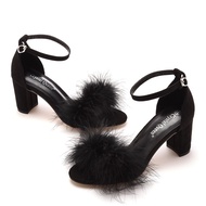 7cm Block Heel Sandals Shallow Mouth Strap Feather Sandals Round Toe Square Root Fashion Casual Summ