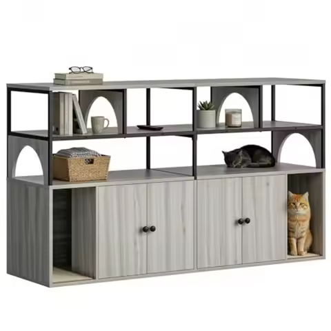 59 Inches Litter Box Enclosure for 2 Cats 2-in-1 Hidden Litter Box with Large Storage Space TV Stand