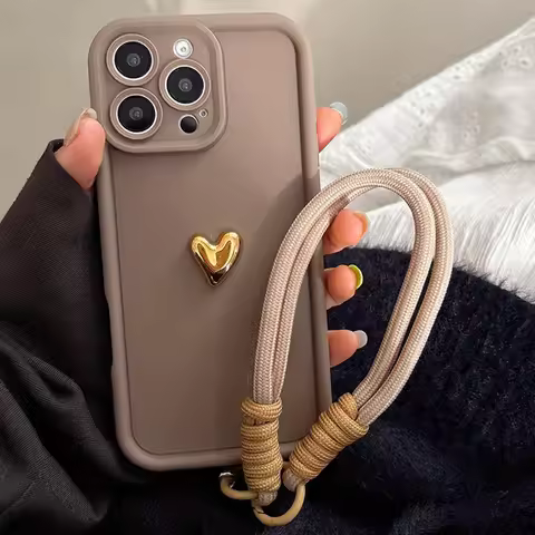 Cute Korean 3D Golden Love Heart Soft Case For iPhone 16 17 Pro Max 15 14 13 12 11 Pro 16E 7 8 Plus 