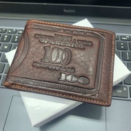 Dompet kulit lipat pria cokelat ukiran uang kertas 100 dollar desain Amerika untuk pria