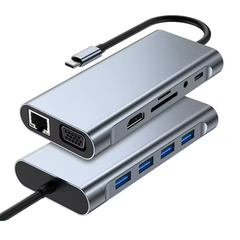 USB C HUB Adapter 11 in 1 Dongle with 4K HDMI-compatible/VGA/Type C PD/RJ45/ SD/TF Card Reader for M