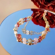 儂本癡情。鴿血紅草莓晶 櫻花瑪瑙 紫鋰輝 14K包金 水晶設計手鍊