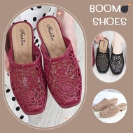 BOOM💣รองเท้าคัชชูเปิดส้น หัวเหลี่ยม ฉลุลายดอกไม้ ยางนิ่มสีเงา 3 สี เบอร์ 36-40