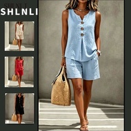 Women's Summer Lightweight Linen Top & Elastic Shorts - Bohemian Beach Outfit