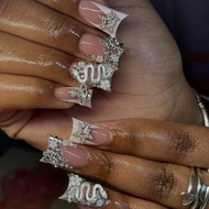 Y2K 24pcs Long Ducknail White French Tip Press On Nails 3D Alloy Cross, Snake-Shaped Decoration With