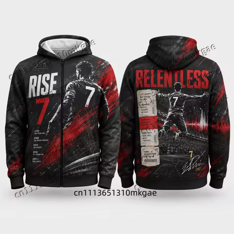 Men Football CR7 Zip Up Hoodie Retro Grunge Texture Sports Graphic Zipper Sweatshirt Casual Loose St