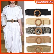 HIGHBUYING Summer Women Elastic Belt Round Buckle Vintage Boho Straw Woven Belt Dress Belt