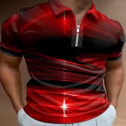 Vintage Red Line 3D Print Polo Zipper Short Sleeve Shirt for Men