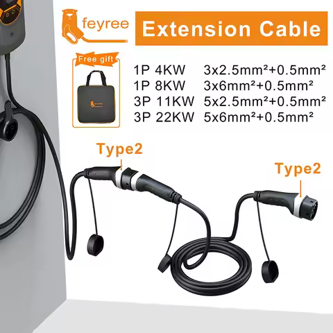 Feyree EV Charging Cable 16A/32A 4kW/8kW/11kW/22kW Electric Vehicle Cord 5M Type 2 EVSE Charging Sta