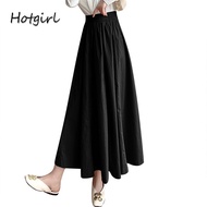 【READY STOCK AT Johor】 Hotgirl⭐Smooth Ruffled Women High Waist Long To Ankle Skirt Solid color A-lin