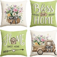 Linen Pillow Cover 40x40/45x45/50x50/60x60cm Green Flower Leaf "Bless Home" Pattern Pillow Case
