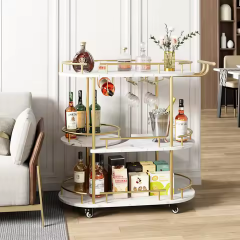 Gold Bar Cart 3 Tier Bar Carts for The Home Rotated Bar Cart Gold with Wine Rack and Glass Holder, B