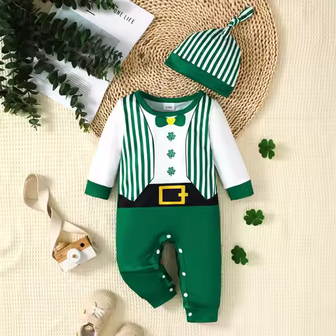 0-12 Months Baby Boy Jumpsuit Round Neck Striped Jumpsuit And Hat 2Pcs/Set Suitable Newborn Baby Boy