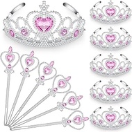 Chalyna 12 Pcs Princess Crowns Tiara and Wand for Little Girl Silver Heart Jewel Plastic Tiara Theme