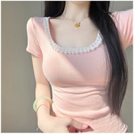 Korean lace splicing square neck short-sleeved T-shirt women's summer new crop tops