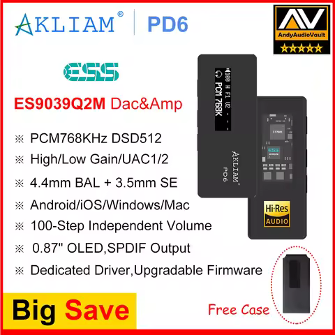 (Andy 5-Star) AkLIAM PD6 ES9039Q2M USB DAC OLED Display Hifi Portable Dac & Amp 3.5mm 4.4mm Headphon