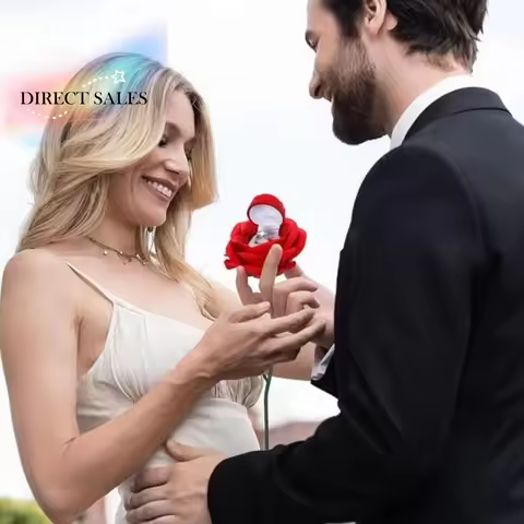 Creative Wedding Ring Holder Red Velvet Realistic Jewelry Display Box Long Root Rose 3D Red Rose Ros