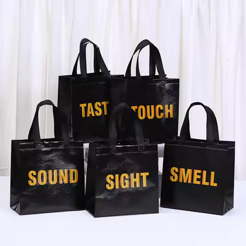 5Pcs Modern Black Gift Wrapping Bags Luxury Designer Bags Five Senses Theme Reusable Packaging Bags 