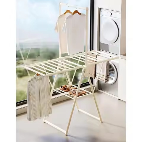 3-Level Adjustable Drying Rack with Folding Wings and Hanging Bar, Large Metal Floor-Standing for In