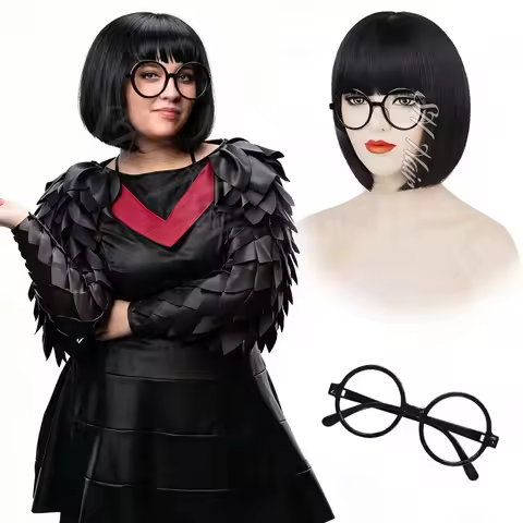 Synthetic Black Bob Wig+Glasses,Straight Wig with Bangs for Women,Anime Edna Mode Costume Wig for Da