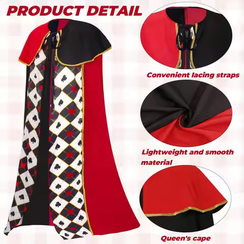 Queen of Hearts Cape Cloak Alice in Wonderland Poker Print Long Cape with Gold Trim Halloween Fairy 