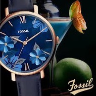 (Real Photo)AuthenticFossil Flower Navy Leather Strap Lady Watch ES4673 Jam Tangan Wanita