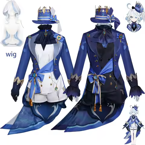 Genshin Impact Furina Cosplay Costume Full Set Blue Formal Outfit Hat Wig Gloves Women Game Fancy Dr