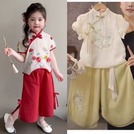 [KIDSFASHIONCOLLECTION] 4054 & 4046 Cheonsam Chaery Red Oriental Flower Set + Plain Pants Side Ribbo
