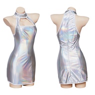 § Austin Powers Cosplay Costume Suspender Vanessa Sexy Strappy Halter Sier Stretch Mini Dress Hall