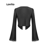 (Trendy) Lovito Casual Cardigans Plain Lace Up Trumpet Sleeve Y2K Cardigan for Women L52AD060 (Black