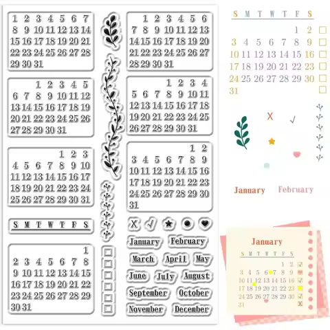 Calendar Clear Stamps Sheets Reusable Transparent Rubber Planner Week Month Date Number January Dece