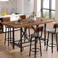 Bar Table, Industrial Counter Height Pub Table With Metal Footrest, 63-inch Rectangle Wood Kitchen D