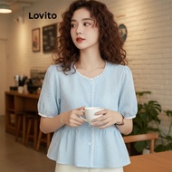 (trendy3)Lovito Casual Plain Ruffle Neck Hem Draped Textured Fabric Blouse for Women L76AD016 Lovito