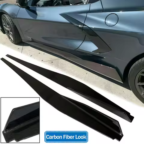 2X 5VM Style Carbon Look ABS Side Skirts Extension Lip For Corvette C8 2020-2024