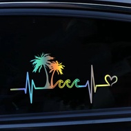 Heartbeat Beach Palm Tree Waves Die-Cut Vinyl Decal Car Sticker Waterproof Auto Decors on Car Body B