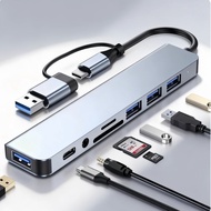 Dual Port 8-in-1 Hub USB3.0 USB2.0 USB-C 3.5mm Audio PD Charging SD/TF Splitter Multiport Adapter HU