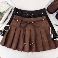 [Available + Express] Thehermit | A-line leather skirt, pleated, high waisted, vintage American styl