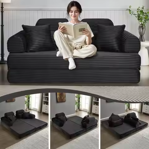 Convertible Sleeper Sofa Bed, 78.5 Corduroy Loveseat Couch, Queen to King Size Memory Foam Sofa, Bla