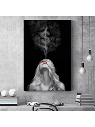 1入組黑白色牆藝畫布油畫,性感女孩呼出金錢煙霧現代海報印刷,家居客廳辦公室工作室裝飾,無框,15.7*23.6英寸