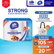 Vinda Deluxe Kitchen Towel Rolls (6x60s) - 3x Oil Absorption, Non Stick & Leave Tissue Bits On The F