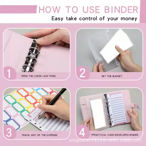 J1UL1N A6 Binder PU Leather Budget Planner Refillable 6 Round Rings Binder Cover Notebook Folder Wit