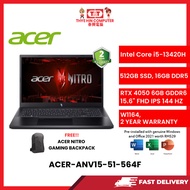 ACER-ANV15-51-564F-INTELCOREI5-13420H,16GBR5.512GBRSSD,RTX40506GVR6,15.6"FHD,W1164,2YRS,H&S