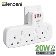 LENCENT Surge Protected 3 Way Plug Extension with PD 20W USB-C &amp; 2 USB-A QC 3.0 Multi Plug Adaptor UK with Individual Switches Plug Extender Wall Socket for Surge Protection 13A 3250W Surge Protector