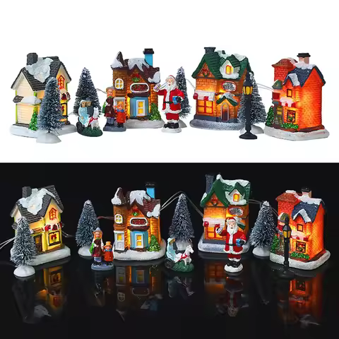 Christmas Village Set Resin Xmas Scene Village LED Lighted Miniature Houses Town Christmas Village H