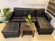 LSHAPE SALA SET BLACK LEATHER WITH WOOD TABLE