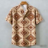 Men's Aztec Geometric Print Henley Shirt Short Sleeve Stand Collar Casual Summer Beach Tops