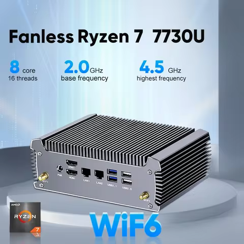 Topton Fanless Gaming Mini PC AMD Ryzen 7 7730U 5825U R5 5625U 4500U Firewall PC Dual LAN 2*HDMI NVM