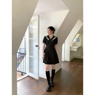 8320L_Summer Bubble-Sleeve Little Black Dress, Plus Size Navy Collar Dress, Fitted A-Line Dress for 