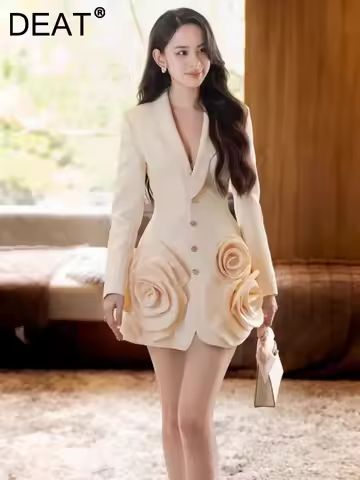 DEAT Women's Fashion Suit Dress V-neck Arc Single Breasted 3D Flower Asymmetric Slim Mini Dresses Al